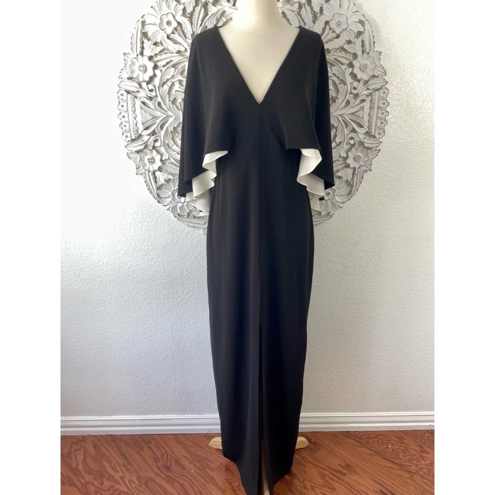 {Halston Heritage} Colorblock V-Neck Cape Evening Gown, Size 2